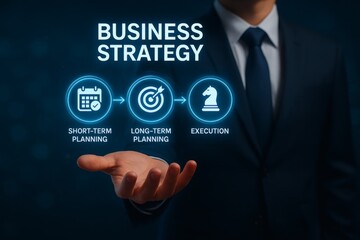 illustration showing a business professional holding a glowing planning diagram above hand, displaying icons for Short-Term Planning, Long-Term Planning, and Execution. Futuristic tech interface