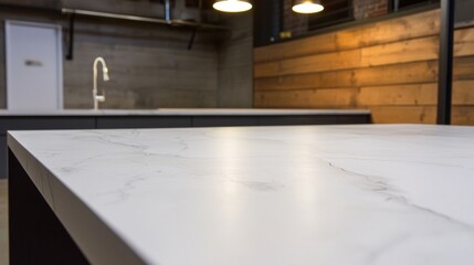 A modern kitchen with a white marble countertop and wooden wall.