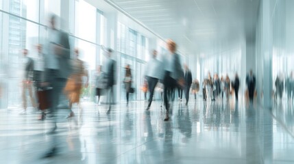 Blurred people walking in a bright modern building interior with large windows.