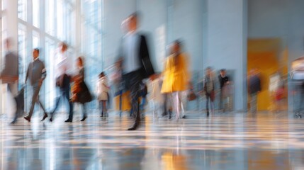 Blurred figures walking in a bright modern interior space with light reflecting.