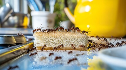 Ant Infestation Kitchen Counter Covered in Ants and Crumbs, Highlighting Unhygienic Conditions