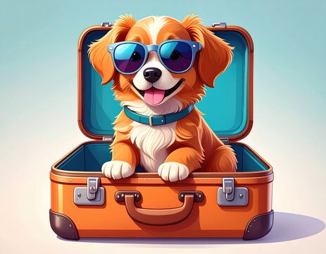A charming cartoon dog wearing cool sunglasses and playfully sitting inside a travel suitcase, conveying a sense of fun, adventure, and pet-friendly journeys.