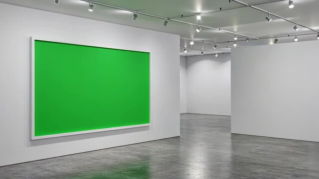 A bright green screen art canvas hanging in an empty art gallery