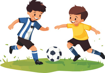 Cartoon boy playing soccer with a ball on a green field, having fun kicking for a goal.