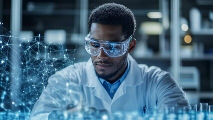 Focused african scientist analyzing futuristic data in laboratory setting - Powered by Adobe
