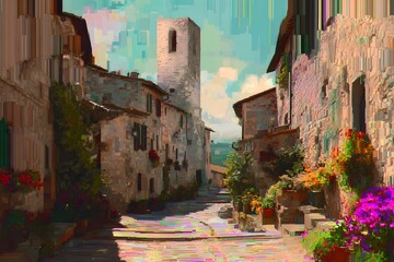 Fototapeta premium Charming old town street with historic architecture and flowers