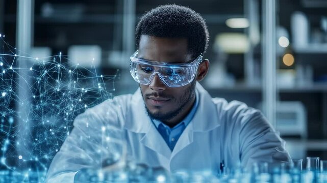 Focused african scientist analyzing futuristic data in laboratory setting