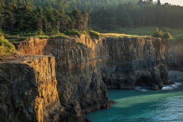 Dramatic coastal cliffs bathed in golden sunlight, overlooking a serene turquoise ocean.