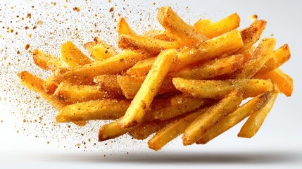 Pile of golden french fries with seasoning against a white background.