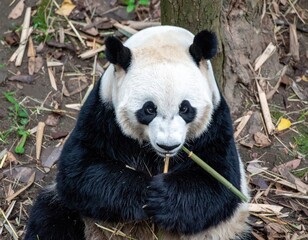 Obraz premium Giant panda eating bamboo in natural forest habitat with fallen leaves and tree trunk background