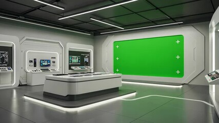 Futuristic laboratory interior with a green screen background
