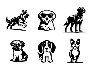 Breed dog French Bulldog Labrador Retriever Golden Retriever German Shepherd Dog Beagle vector black white illustration