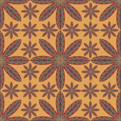 Fototapeta premium Floral pattern features symmetrical petals in red, green, and blue, radiating from a central point. The repeating structure creates a harmonious, nature-inspired design with warm orange background.