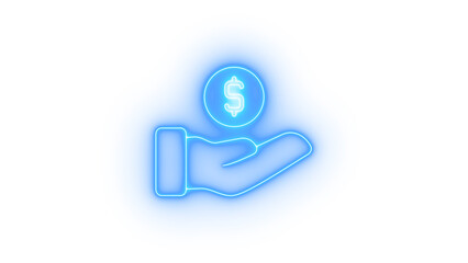 neon blue hand holding dollar sign glowing on transparent background, symbolizing wealth and finance