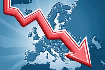 Red downward arrow graphically representing economic decline over a stylized map of Europe, illustrating financial downturn and market challenges in a visually impactful manner