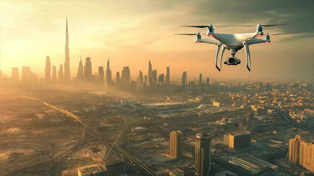 Drone hovers above a modern cityscape at sunset.  Drone capturing aerial views of a sprawling metropolis