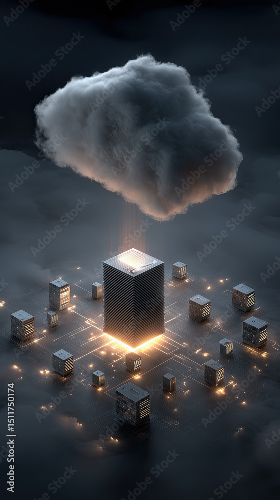Poster edge computing cloud server cube electronic data glowing futuristic technology network digital