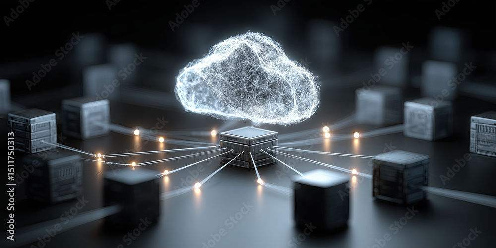 Poster edge computing cloud network connects multiple server cubes in dark room, glowing lines show data tr