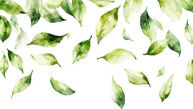 Watercolor painting of numerous green leaves falling on a black background, exhibiting varying shades and sizes, suggesting a sense of movement and lightness