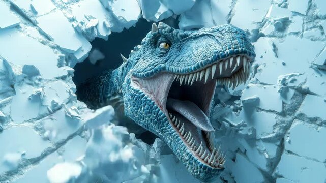 The head of a blue dinosaur resembling an Indominus Rex, with its mouth wide open and sharp teeth, breaks through an ice or rock wall
