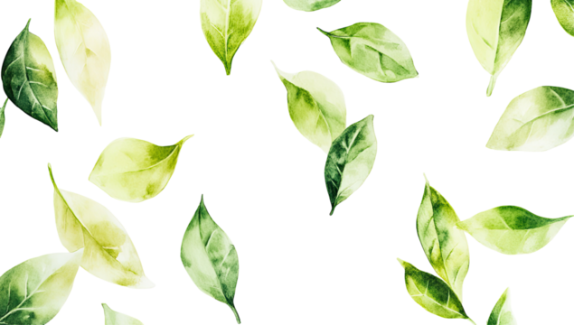 Scattered green and pale-yellow leaves on a black background, rendered in a painterly style with varying shades and leaf orientations, creating a natural, organic pattern