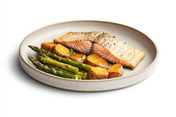 Grilled salmon fillet served with roasted asparagus and sweet potato wedges on a speckled plate.