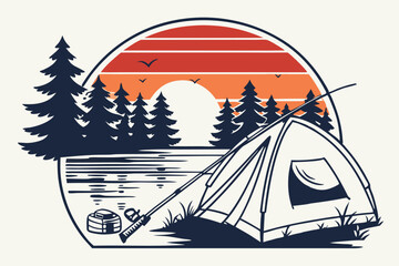 Scenic camping tent by a lake with fishing rod © MdMosarofHossain