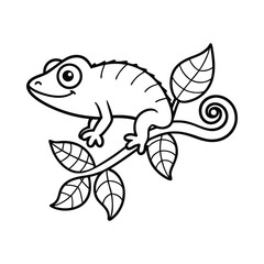 Chameleon on branch cartoon silhouette on white background