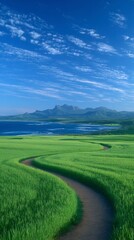 Fototapeta premium Serene Countryside Path Green Field Ocean Mountain View