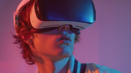 Person wearing a virtual reality headset with colorful lighting.