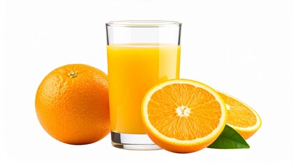 Orange juice accompanied by a whole orange isolated on transparent white background