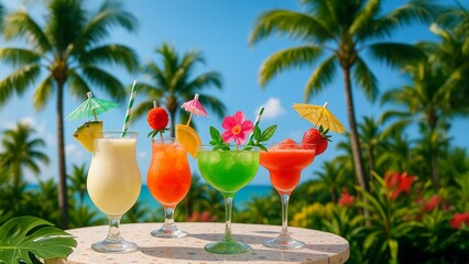 Vibrant Assortment of Tropical Cocktails on Table with Palm Tree Paradise Background.Colorful...