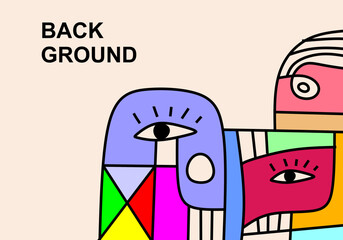 A modern abstract cubist illustration featuring stylized human faces with expressive eyes