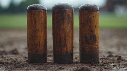 Naklejka premium Worn Wooden Skittles on Field.