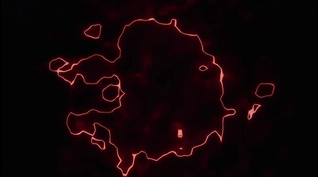 Abstract glowing red shape resembling a volcanic island, set against a dark background, evoking mystery