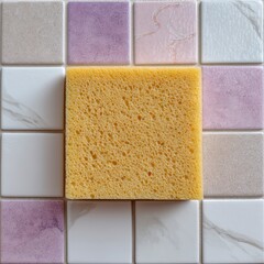 Fototapeta premium Cleaning Sponge on Colorful Bathroom Tiles Kitchen House Cleaning Supplies