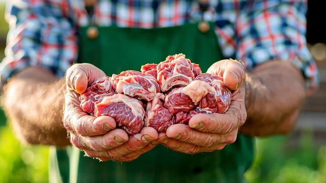Hands holding fresh raw meat against a outdoors farm background.