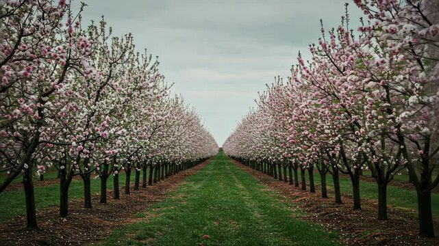 Spring orchard with blooming trees and mowed grass. Tranquil and seren