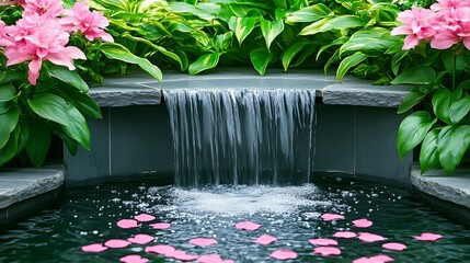 Pink petals cascade in a tranquil water feature amidst lush foliage