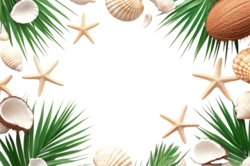 Tropical border of seashells, starfish, coconuts, and palm fronds on a black background, creating a frame with empty center space