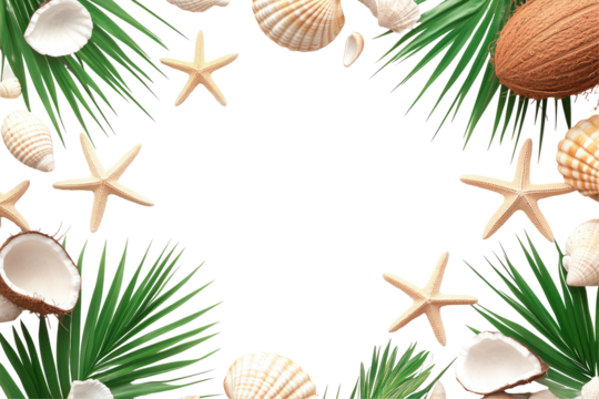Tropical border of seashells, starfish, coconuts, and palm fronds on a black background, creating a frame with empty center space