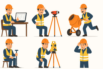 Civil engineer scenes: CAD planning, soil testing, concrete mixer, safety precautions, vector art