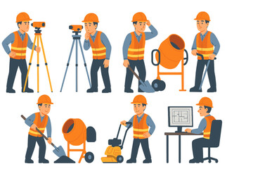 Civil engineer emotions: surveying tools, concrete mixer, CAD software, flat vector illustration
