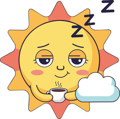 Adorable Sleepy Kawaii Sun Holding Coffee | Cartoon Cloudy Morning Vector