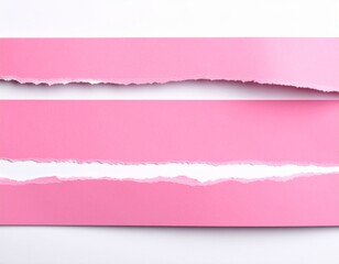 Pink ripped paper torn edges strips isolated on white background