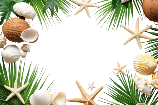 Tropical frame of shells, starfish, and palm fronds on a black background, leaving a central empty space ideal for text or images