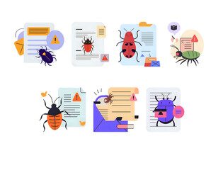 3D bug report icon with stylized beetle, digital document, and error warning symbols, representing software testing, code debugging, and tech issue reporting in a modern interface design