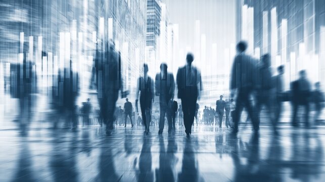 Blurred business people walking in a city with financial chart overlay.