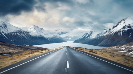 Naklejka premium A smooth, paved road leads to snowy mountains under a cloudy sky. A car is in the distance. 