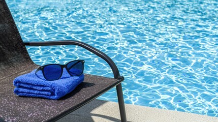 Blue sunglasses and towel on a black chair by a pool.